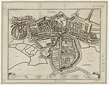 Plan en perspective cavalière de Caen au début du XVIIe&nbsp;siècle.