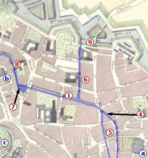 1708
1 Canal des Sœurs Noires4 id.5 id.6 Canal des Vieux Hommes7 Abreuvoir Saint-Jacques.8 Canal du Pont de Flandres.9 Porte Saint-Maurice et fossé du rempart.

a Église Saint-Maurice.b Emplacement du château de Courtrai.c Motte castrale.