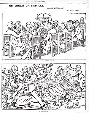 Caricature en deux images disposées verticalement, la première montrant une famille dînant à table, la deuxième montrant les mêmes personnages se battant.