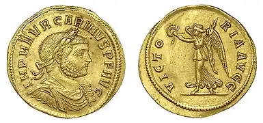 pièce en or, profil masculin et femme ailée tenant une couronne