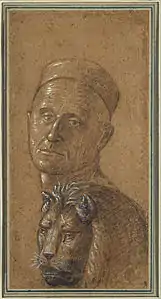 Tête d'homme et tête de lion, entre 1495-1516, 23,2&nbsp;×&nbsp;12,1&nbsp;cm, pinceau et lavis brun et pierre noire, avec rehauts de gouache blanche sur papier vergé brun de lumière, Musée d'art de l'université de Princeton.