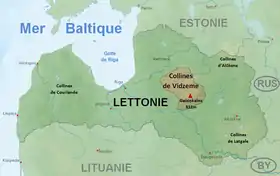 Carte de localisation des collines de Vidzeme en Lettonie.