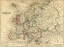 L’Europe en 1843 : la Circassie est mentionnée au nord du Caucase.