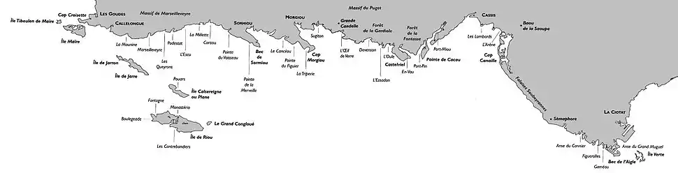 Carte des calanques entre Marseille et La Ciotat.
