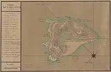 Carte française de l’île d'Aix de 1762 signalant les destructions opérées par les Anglais en 1757.