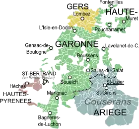 Le Comté de Comminges (en vert) au milieu du XVe&nbsp;siècle