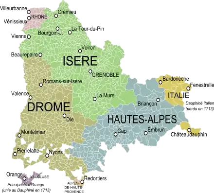 Le Dauphiné dans ses limites du XVIIIe siècle et les communes et départements actuels. Vénissieux apparaît en haut à gauche.
