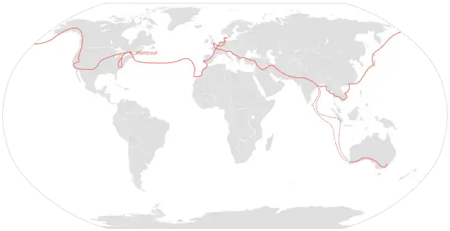 Carte mondial montrant le parcours, en rouge, du voyage.