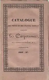 Le titre « Catalogue des fruits et des plantes modelés composant le carporama, rue Grange-Batelière, Modèle:N°2, Prix 50&nbsp;c », est encadré d'une frise et imprimé dans des styles de caractères variés.