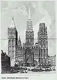 La cathédrale Notre-Dame de Rouen, gravure de 1822, avant la construction de la flèche de fonte culminant à 151&nbsp;m. en 1876.