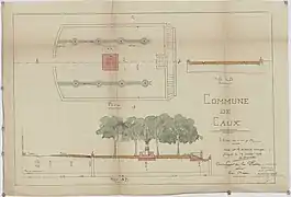 Aménagement de la place devant la mairie : plans, profils A B, profils C D.