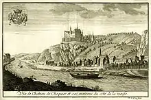 Vue du château de Chokier et ses environs du côté de la Meuse, par Remacle Le Loup (1738)