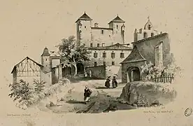 lithographie en noir et blanc montrant un chemin en montée conduisant à une porte voûtée. En arrière-plan, des tours carrées révèlent un château.
