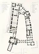 Plan en noir et blanc des différentes pièces d'un château.