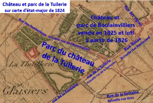 Château et parc de la tuilerie sur carte de 1818-1824.