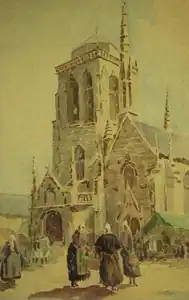 Attribué à Charles Jaffeux, Sortie de messe à Locronan, aquarelle, œuvre non sourcée, localisation inconnue.