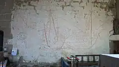 Chapelle Saint-Colomban : vue intérieure, graffitis de la seconde moitié du XVIe siècle représentant des caraques