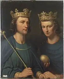Louis&nbsp;III (~863-882) et Carloman&nbsp;II (~866-884), rois de France, fils de Louis le Bègue, associés en 880. Par Steuben, ~1837, musée de l'Histoire de France (Versailles).