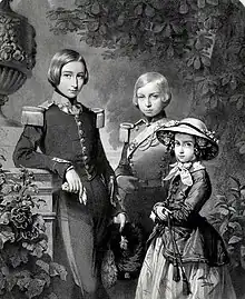 gravure représentant les trois enfants du roi Léopold&nbsp;Ier : ses deux fils sont en uniforme