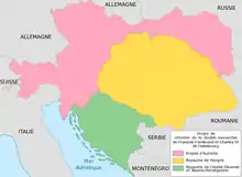 Option à trois entités (projet de réforme de l'archiduc François-Ferdinand et de l'empereur-roi Charles IV de Habsbourg, 1918) : Autriche (rose), Hongrie (jaune) et Croatie-Slavonie et Bosnie-Herzégovine (vert).