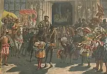 Dessin d'un homme à cheval et avec de riches habits entouré par des hommes à pied ou à cheval, portant des habits religieux, agitant des drapeaux ou jouant de la trompette devant un bâtiment en pierre.