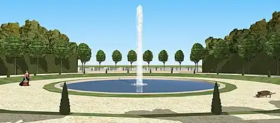 Restitution du bassin rond du côté de l'entrée, jardin bas du château de Saint-Cloud, vers 1690.