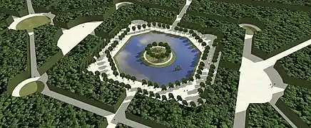 Restitution du bosquet de l'Ile dans les jardins du château de Bellegarde, vers 1720. (il y avait peut-être des arbres sur l'île)