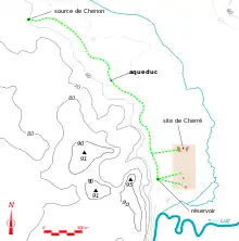 Représentation en couleurs du tracé d'un aqueduc antique, reporté sur une carte topographique.