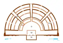 Dessin en couleurs représentant le plan d'un théâtre antique.