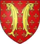 Blason avec 2 poissons jaunes adossés debout sur fond rouge parsemé de croix jaunes