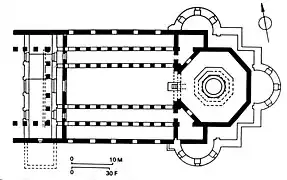 Plan de l'église originelle du IVe&nbsp;siècle (en noir plein) dans le plan actuel.