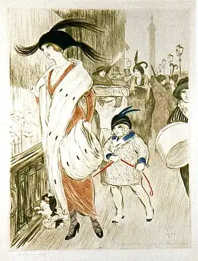 Malo-Renault, Cinq heures rue de la Paix, 1912, pointe sèche en couleur.