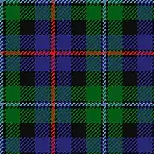 Clan Campbell of Cawdor : la bande verte chargée d'un filet rouge bordé de noir, la bande bleue chargée d'un filet blanc bordé de noir.