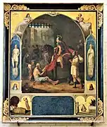 Photographie en couleurs d'un tableau représentant un cavalier qui partage son manteau.