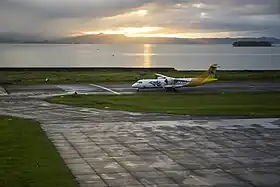 Avion de Cebu Pacific sur la piste d’atterrissage longeant la mer.