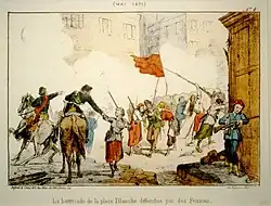 Lithographie représentant la barricade de la place Blanche.