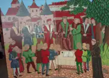 photographie montrant une représentation d'un Conseil des Neuf au Moyen Âge