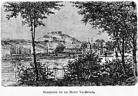 Le mont Valérien, le village de Suresnes et la Seine sur une gravure figurant le site au XIXe siècle.