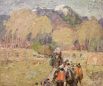 Taos Mountain, Trail Home, de Cordelia Wilson&nbsp;(en) (1920). Un paysage entièrement réalisé à l'impasto.