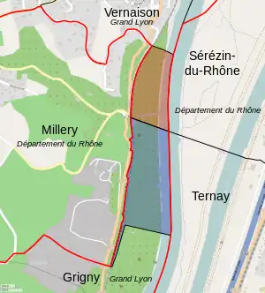 En rouge le territoire de Millery qui a intégré Vernaison, en bleu le territoire qui a rejoint Grigny. Ces deux territoires ont ainsi rejoint la métropole coupant le département du Rhône en deux.