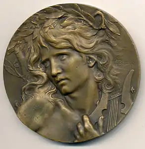 Orphée endort Cerbère aux sons de sa lyre, médaille en bronze, 68&nbsp;mm, grand prix de Rome de 1893. Avers.