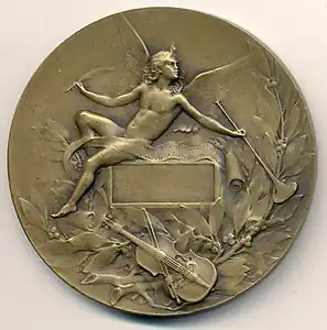 Orphée endort Cerbère aux sons de sa lyre, médaille en bronze, 68&nbsp;mm, grand prix de Rome de 1893. Revers.