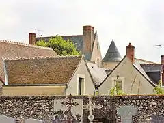 Photographie en couleurs de deux toits, dont celui d'une tour ronde, émergeant d'autres toits environnants.