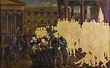 Peinture inachevée du couronnement de Guillaume Ier. À la droite du tableau se trouvent des militaires, infanterie et cavalerie, portant des drapeaux oranges. Dans la partie inachevée du tableau se trouvent une grnde quantité d'individus assemblés autour du roi couronné de lauriers.