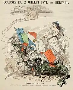 Courses du 2 juillet 1871, par Bertall Dessin du Grelot du 25 juin 1871, à propos des élections législatives partielles du 2 juillet 1871. Faisant la course avec l'hydre de l'anarchie, le char de la République est attelé au cygne légitimiste, au coq orléaniste, à l'aigle bonapartiste et au cheval de labour des ruraux.
