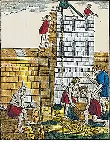 Gravure sur bois, avec des couleurs assez vives, représentant des personnes construisant un château