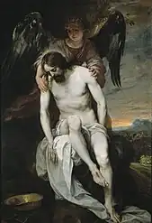 Alonso Cano, Le Christ mort porté par un ange, v. 1649, huile sur toile, 178&nbsp;×&nbsp;120&nbsp;cm, Madrid, musée du Prado.