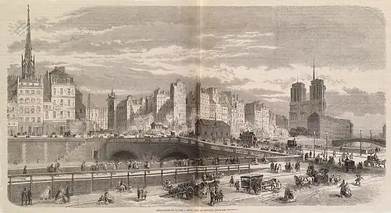 Aspect du quai en 1862, avant la démolition des maisons qui laissèrent leur place à la préfecture de police de Paris.