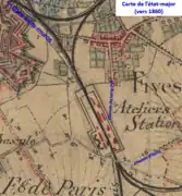 Carte de l'État-major de 1824 avec ajout des installations ferroviaires en 1865