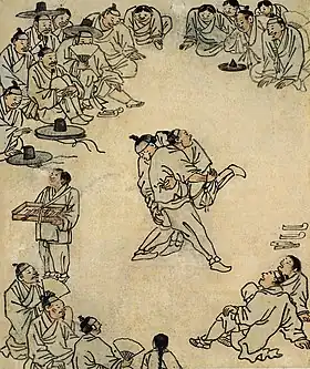 Lutteurs. Kim Hong-do (1745-v.1806/18). Feuille d'album, scènes de genre, encre sur papier, H. 27,7&nbsp;cm. Musée national de Corée